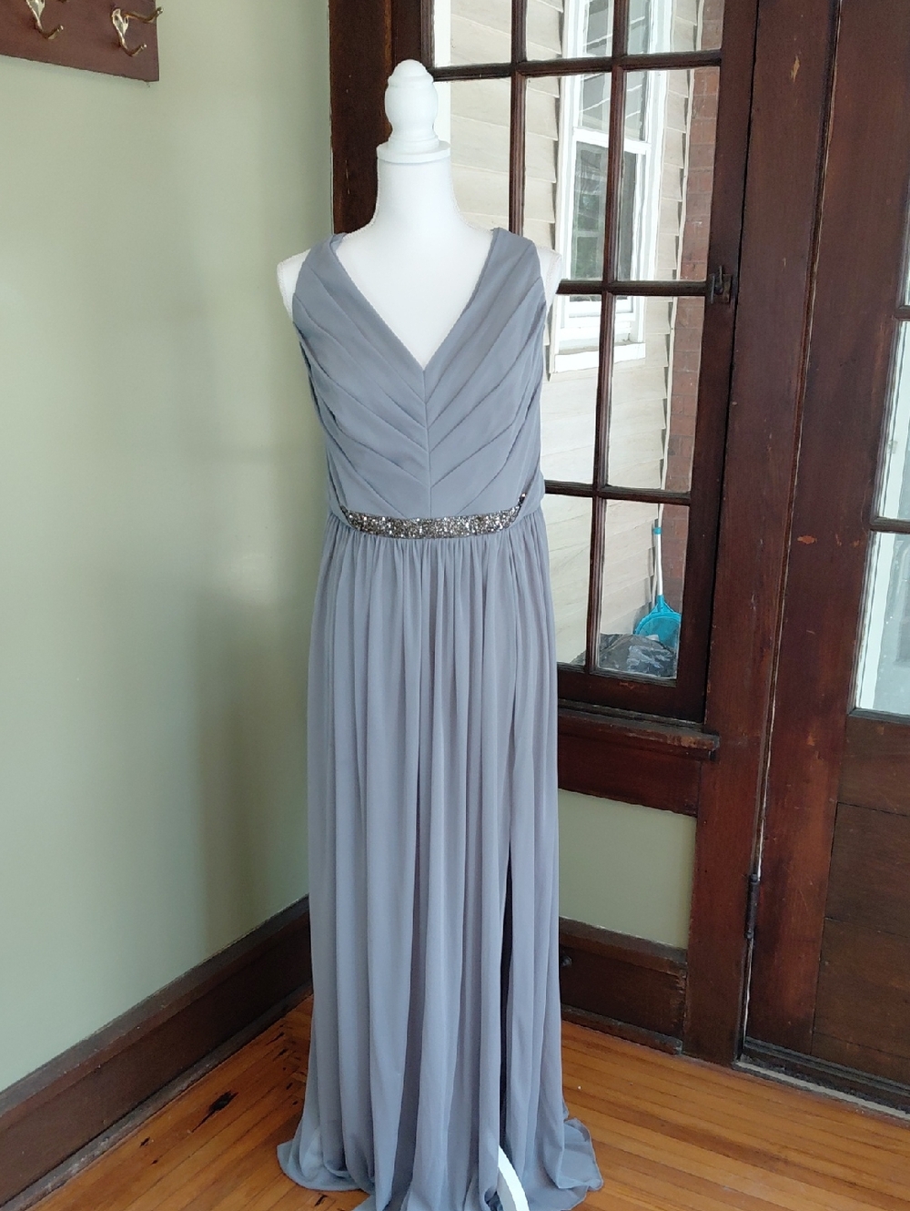 David's Bridal Light Grey Chiffon V-Neck Maxi Dress with Beaded Waist